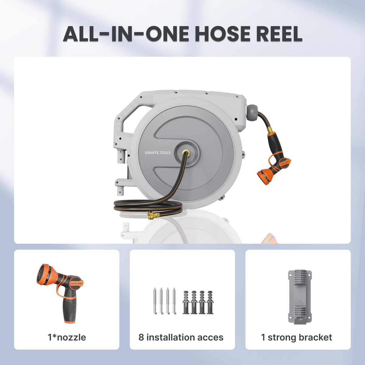 Retractable Garden Hose Reel 1/2" 130FT Wall Mount Light Grey K1353