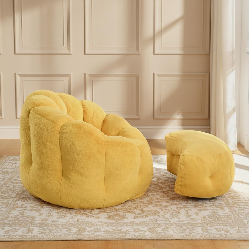 Yellow Faux Fur Bean Bag Chair with Ottoman J7494