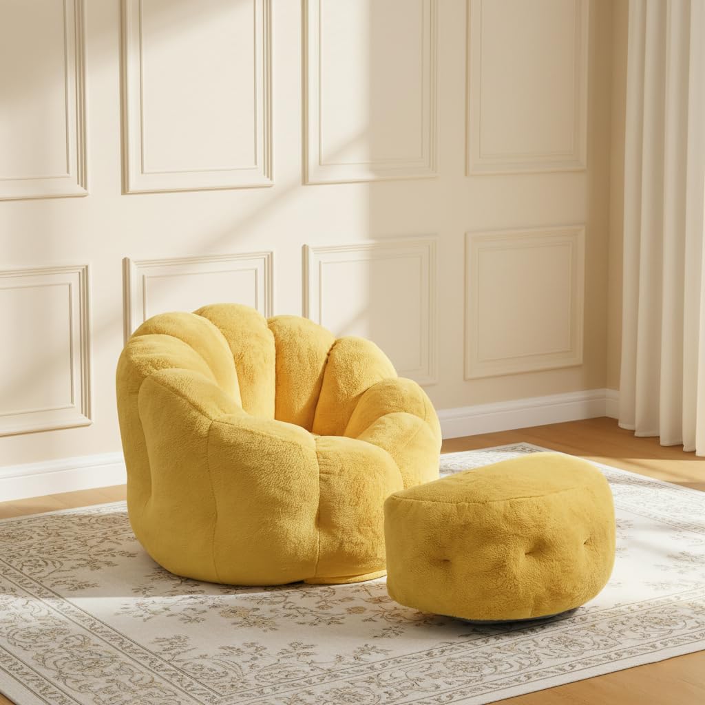 Yellow Faux Fur Bean Bag Chair with Ottoman J7494