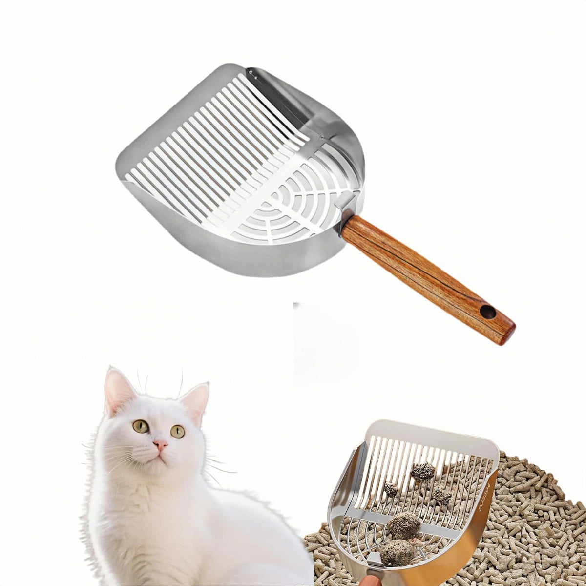 Stainless Steel Cat Litter Scoop with Wood Handle J6198