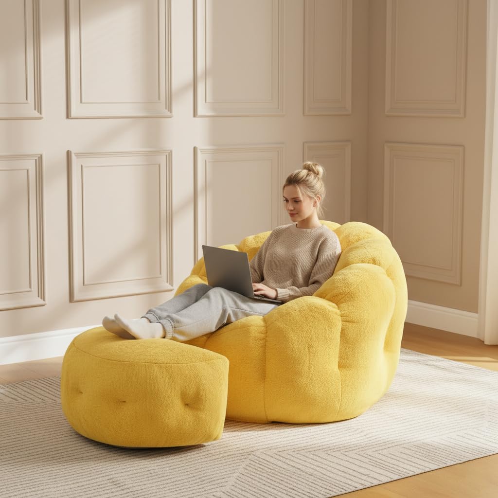 Yellow Faux Fur Bean Bag Chair with Ottoman J7494