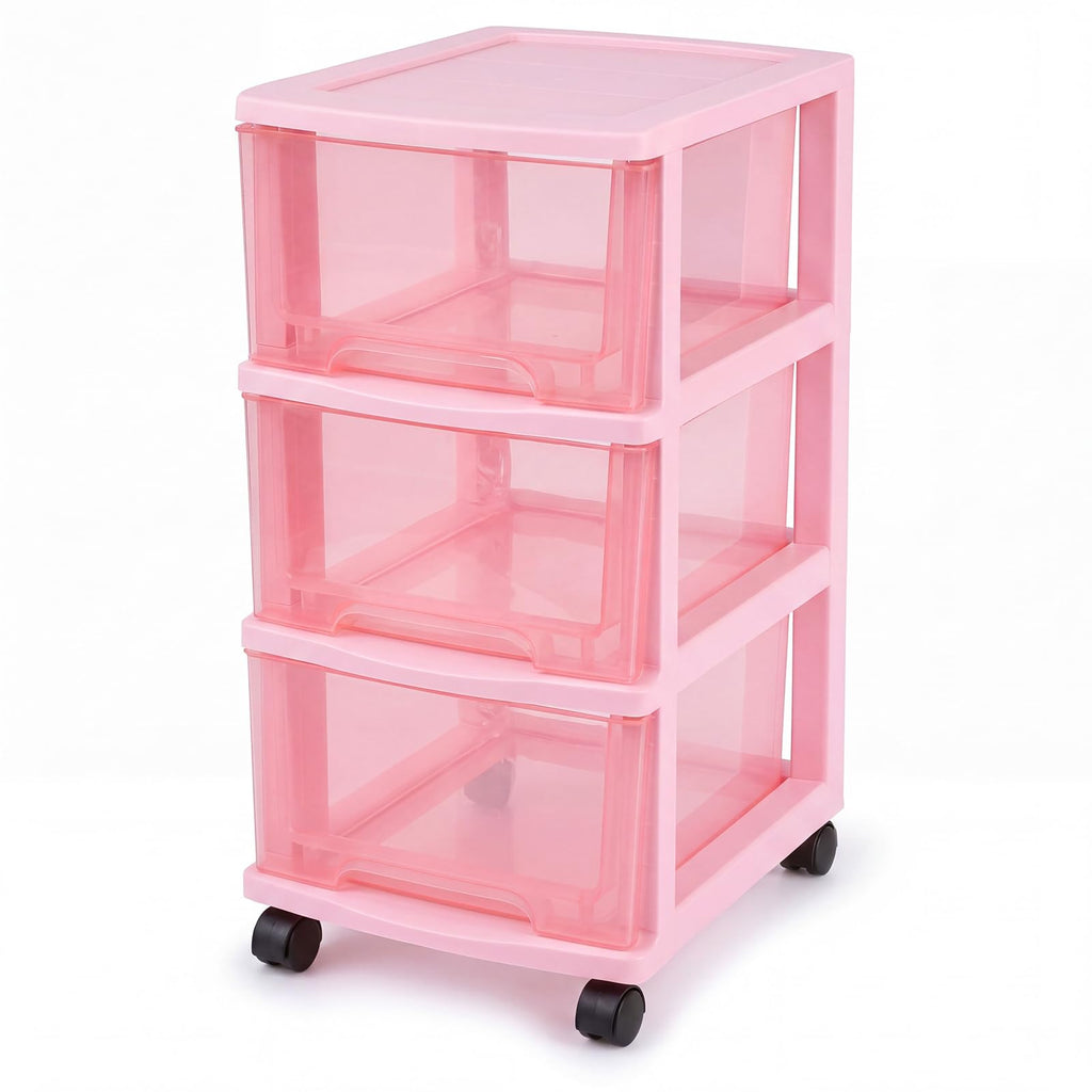 Pink 3-tier Plastic Storage Cart with Wheels J439