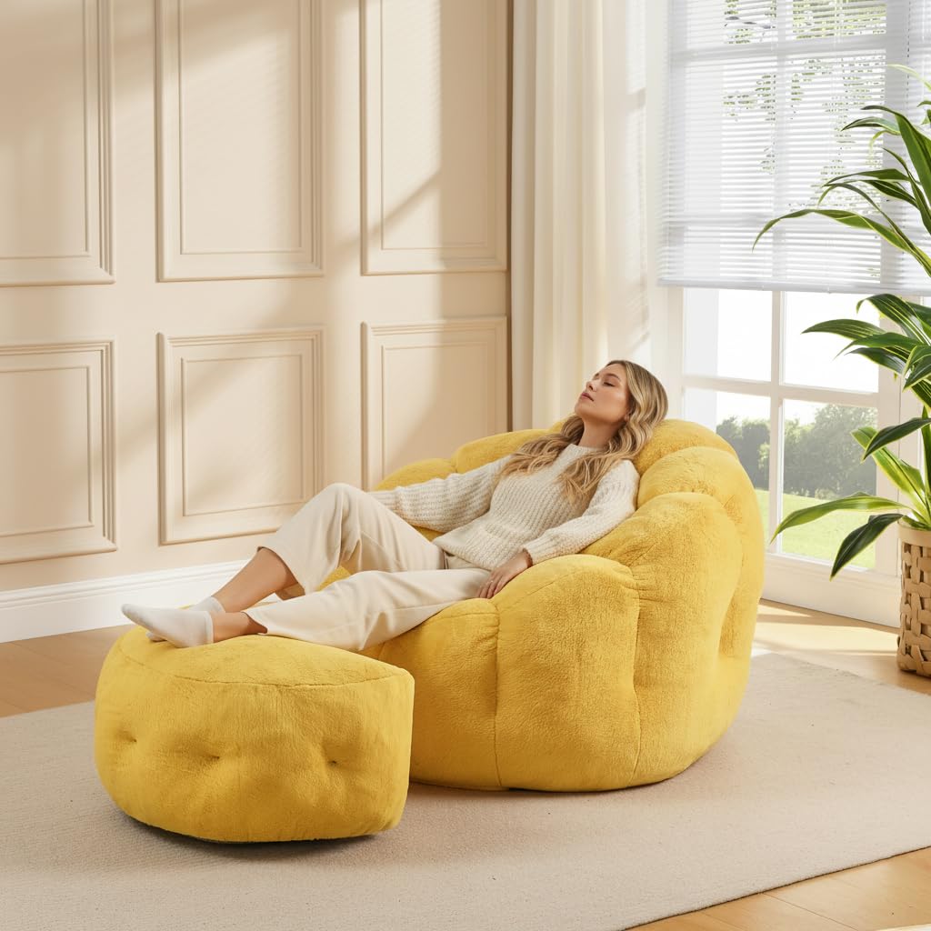 Yellow Faux Fur Bean Bag Chair with Ottoman J7494