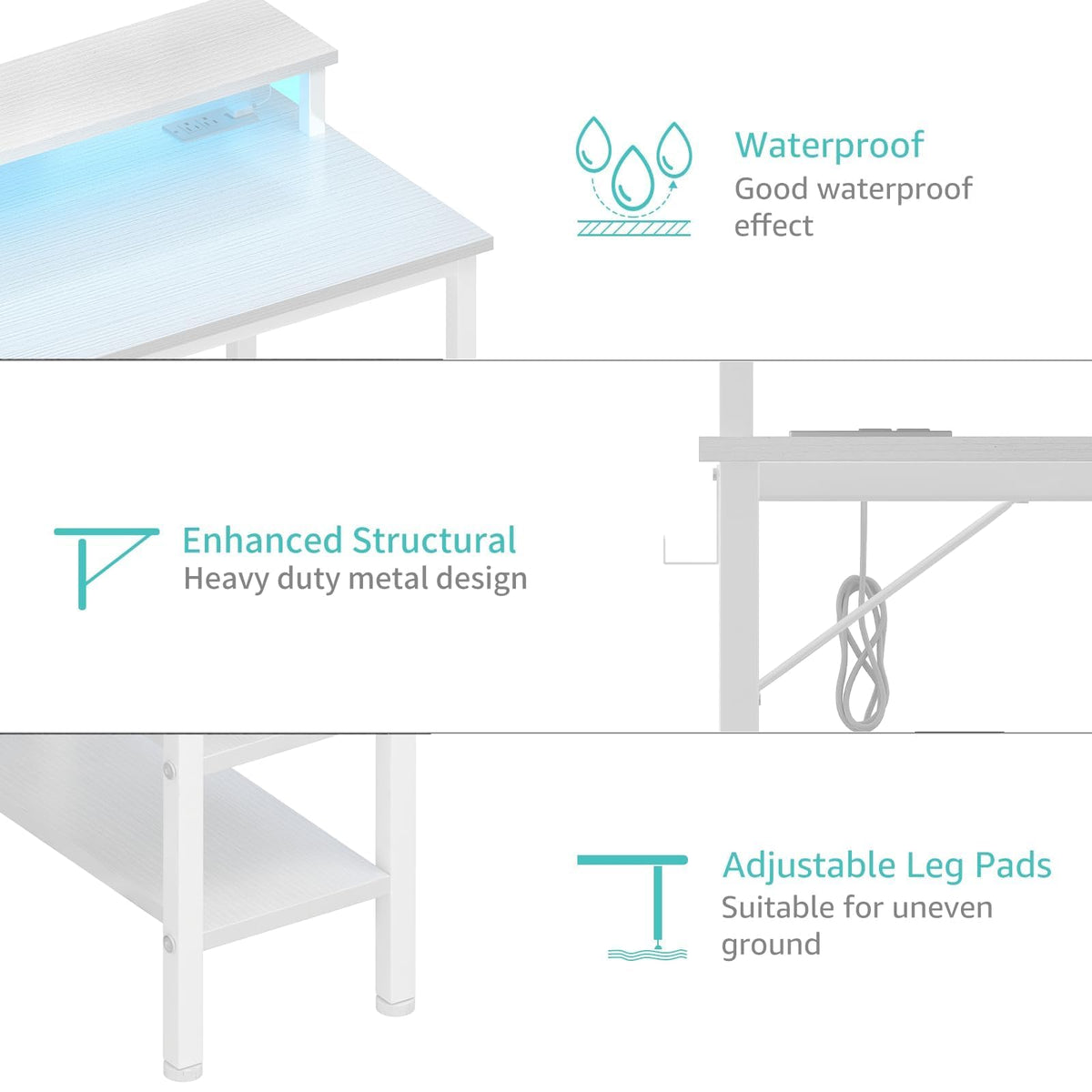 White 40 Inch Computer Desk with LED Lights and Power Outlets O8156
