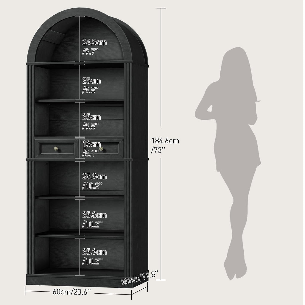 73" Tall Black 6-Tier Wood Bookshelf with Drawer P96476