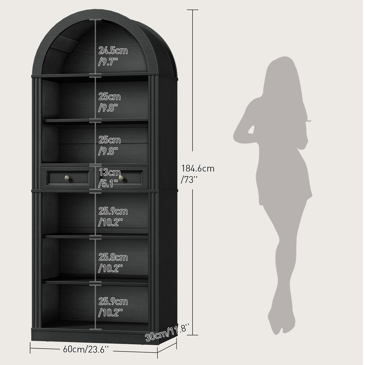 73" Tall Black 6-Tier Wood Bookshelf with Drawer P96476