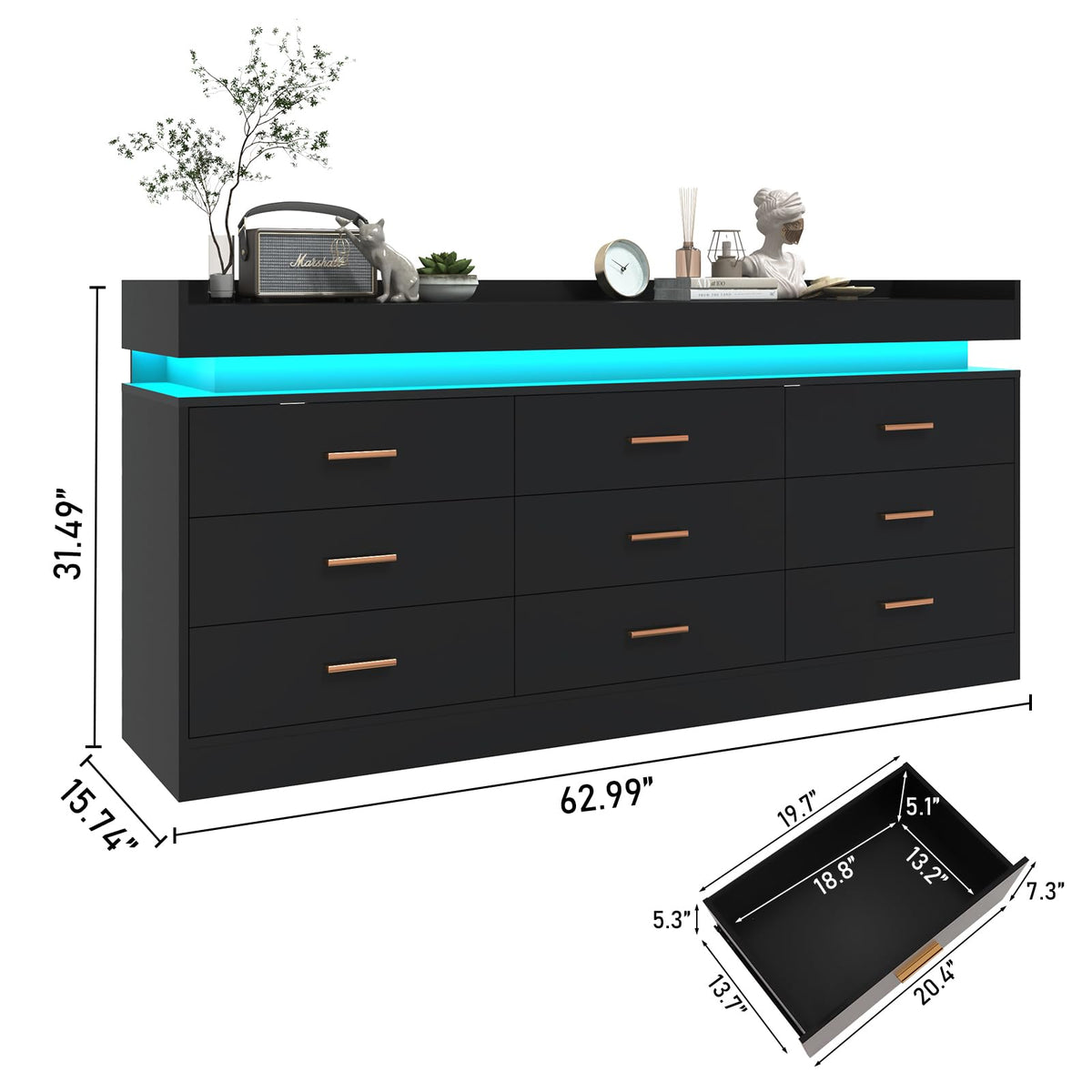 Black 9 Drawer Dresser with Charging Station and LED Lights U57051