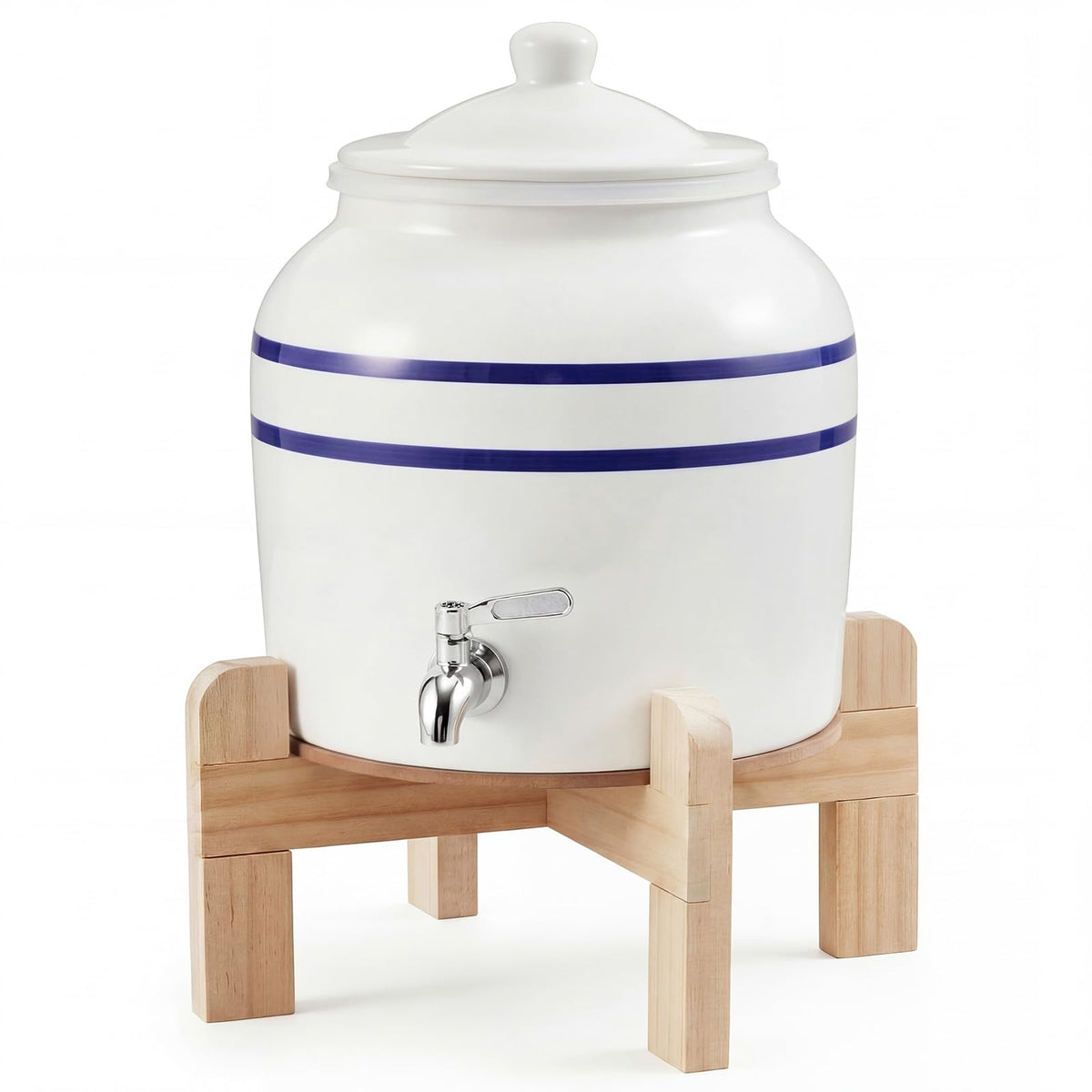 Ceramic Water Dispenser with Wood Stand and Stainless Steel Faucet Q840749