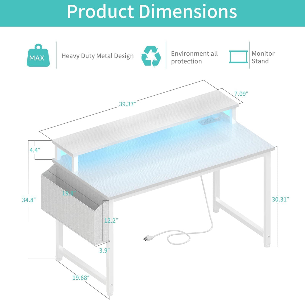 White 40 Inch Computer Desk with LED Lights and Power Outlets O8156