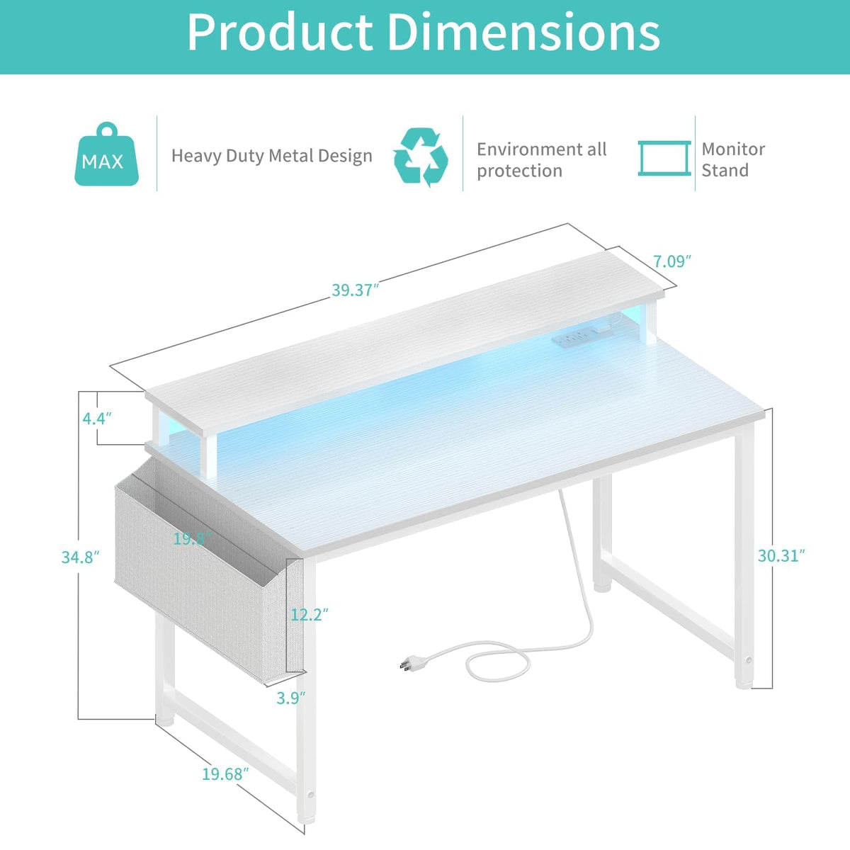 White 40 Inch Computer Desk with LED Lights and Power Outlets O8156