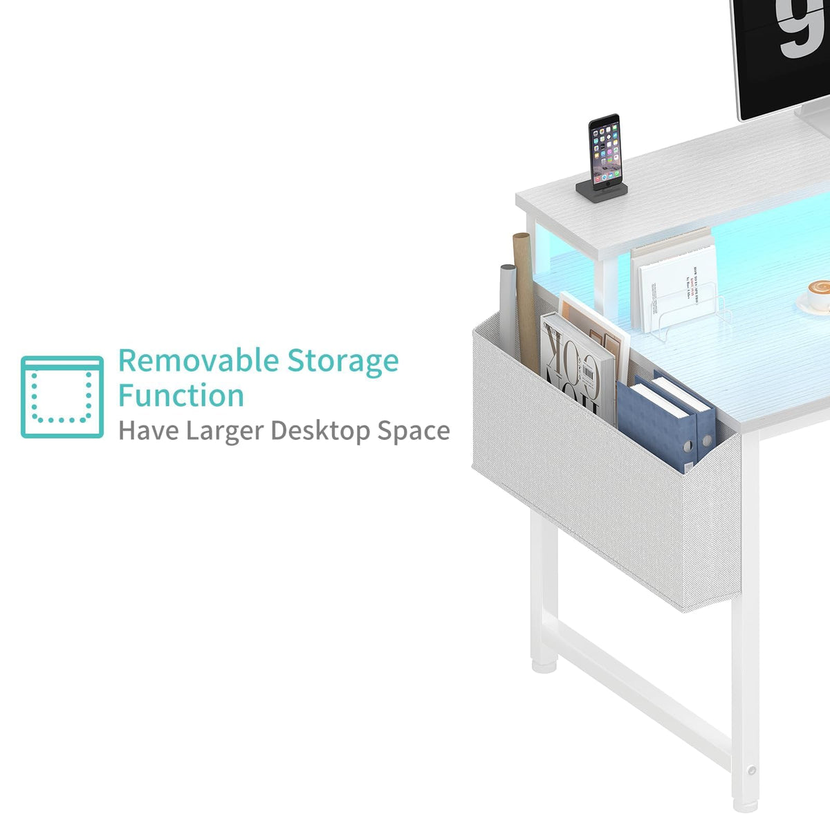 White 40 Inch Computer Desk with LED Lights and Power Outlets O8156