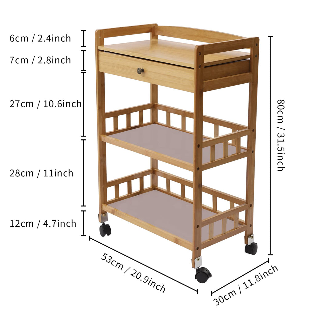 3-Tier Bamboo Rolling Kitchen Cart with Drawer O180011