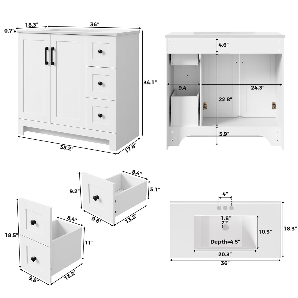 36" White Bathroom Vanity with Sink, 2 Soft-Close Drawers & Doors T815