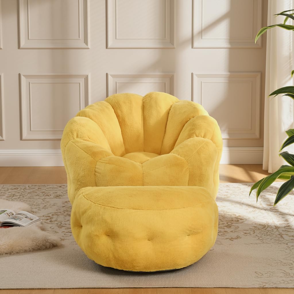 Yellow Faux Fur Bean Bag Chair with Ottoman J7494