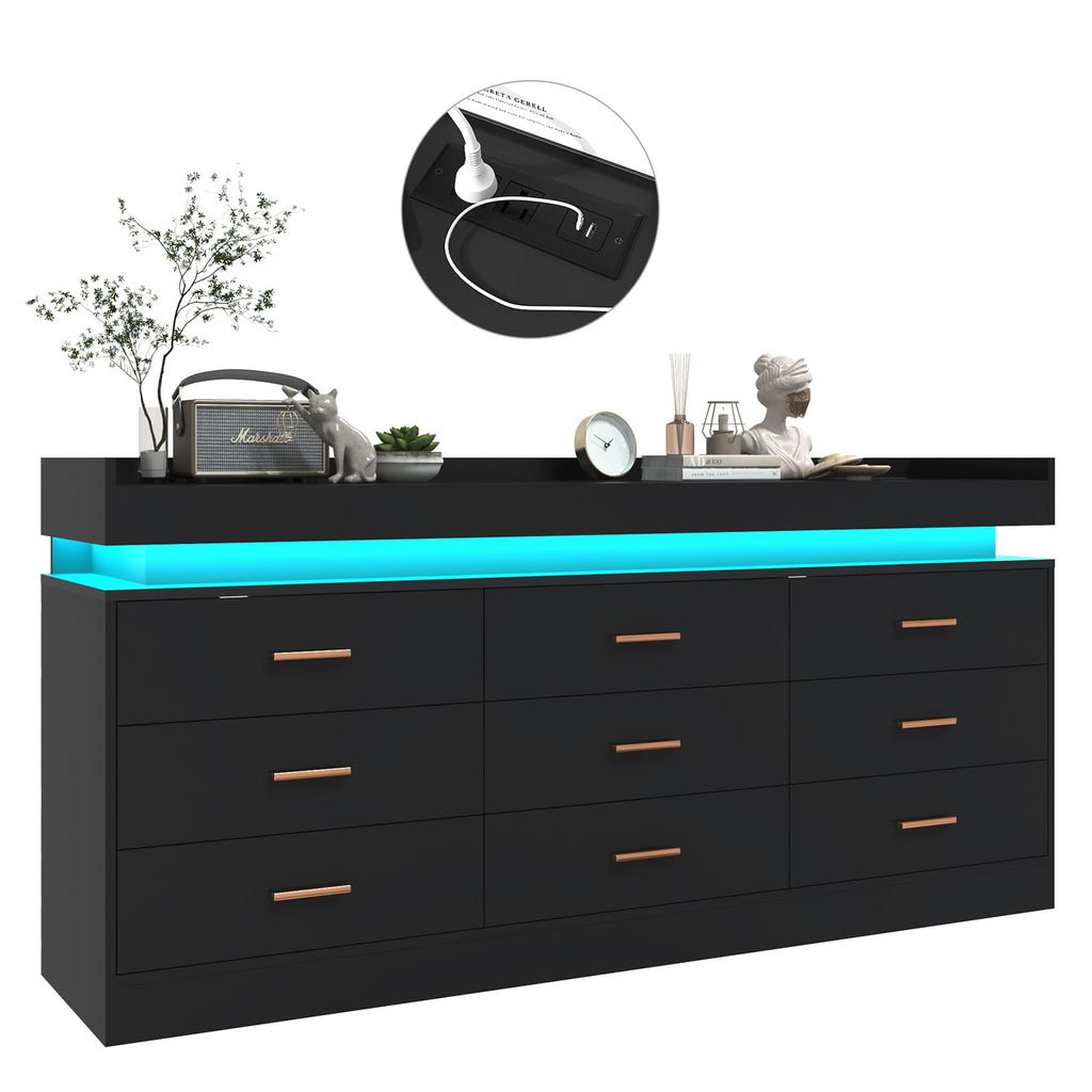 Black 9 Drawer Dresser with Charging Station and LED Lights U57051