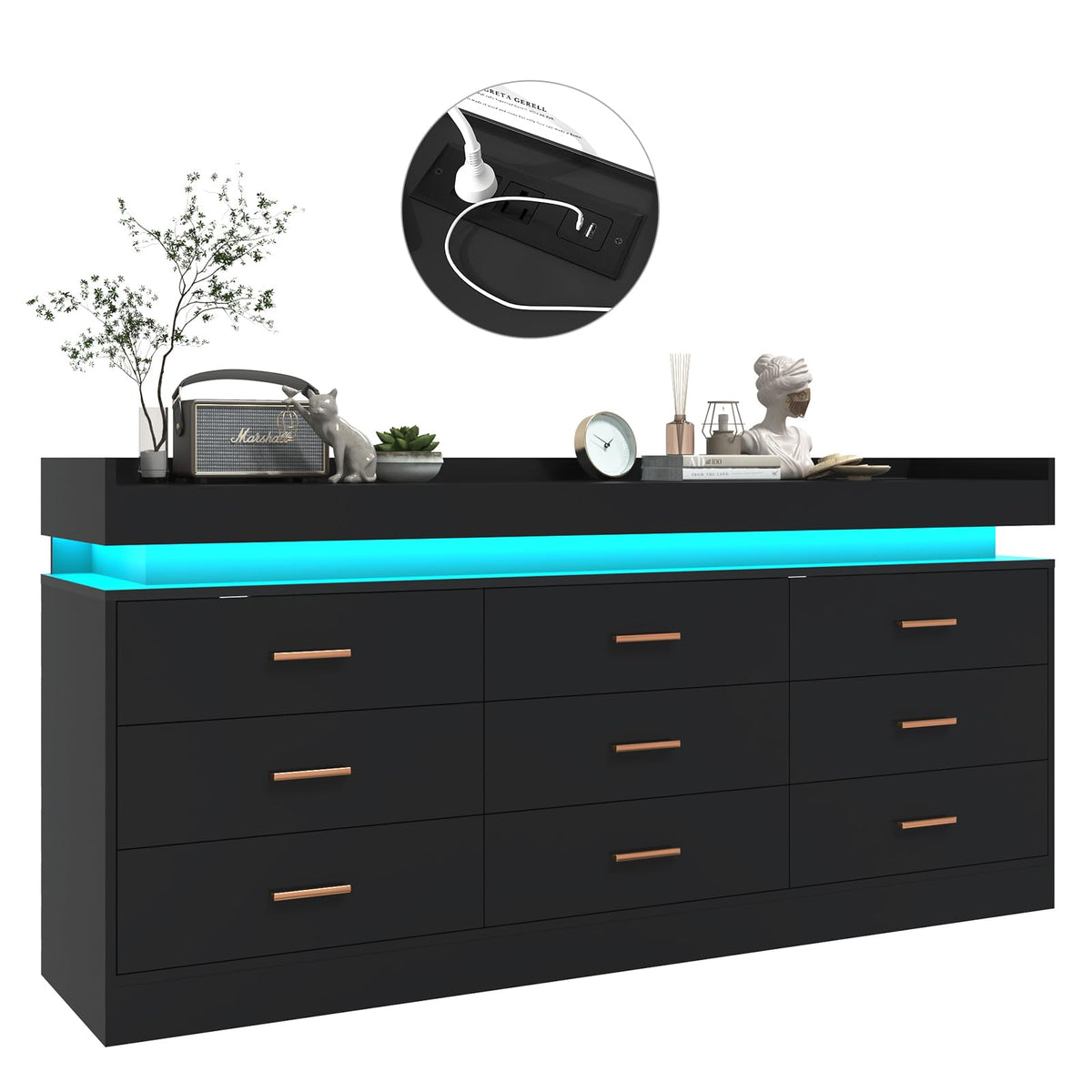 Black 9 Drawer Dresser with Charging Station and LED Lights U57051