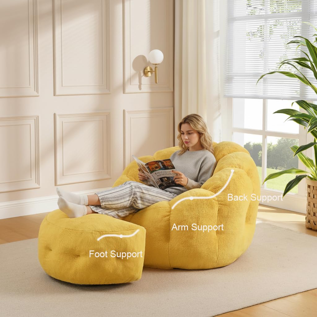 Yellow Faux Fur Bean Bag Chair with Ottoman J7494