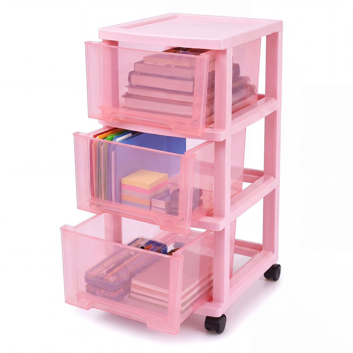 Pink 3-tier Plastic Storage Cart with Wheels J439