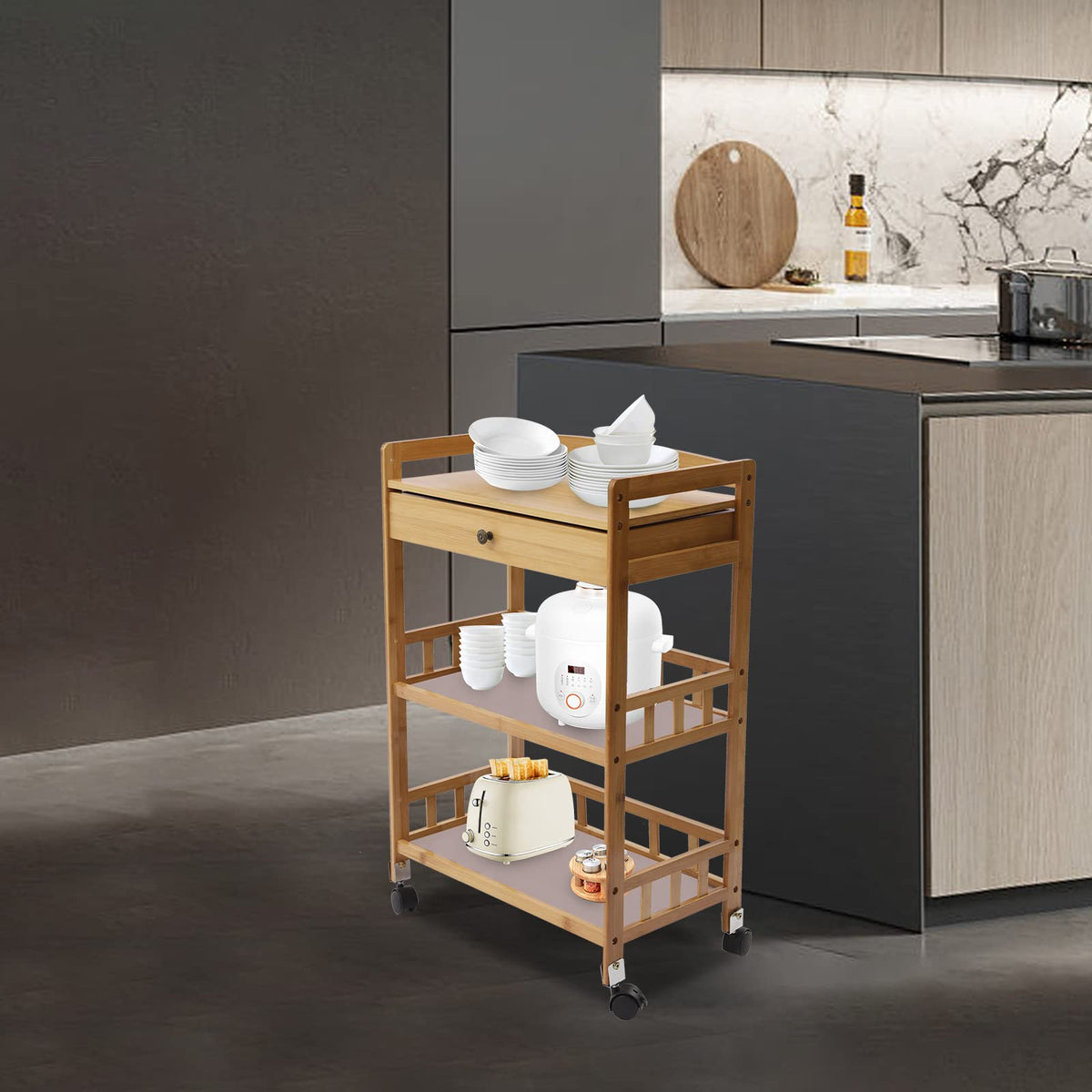 3-Tier Bamboo Rolling Kitchen Cart with Drawer O180011
