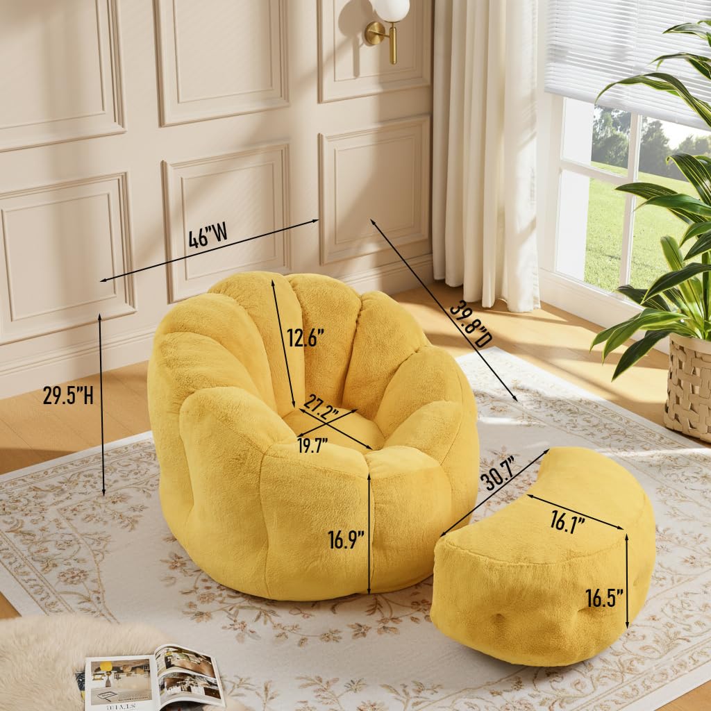 Yellow Faux Fur Bean Bag Chair with Ottoman J7494