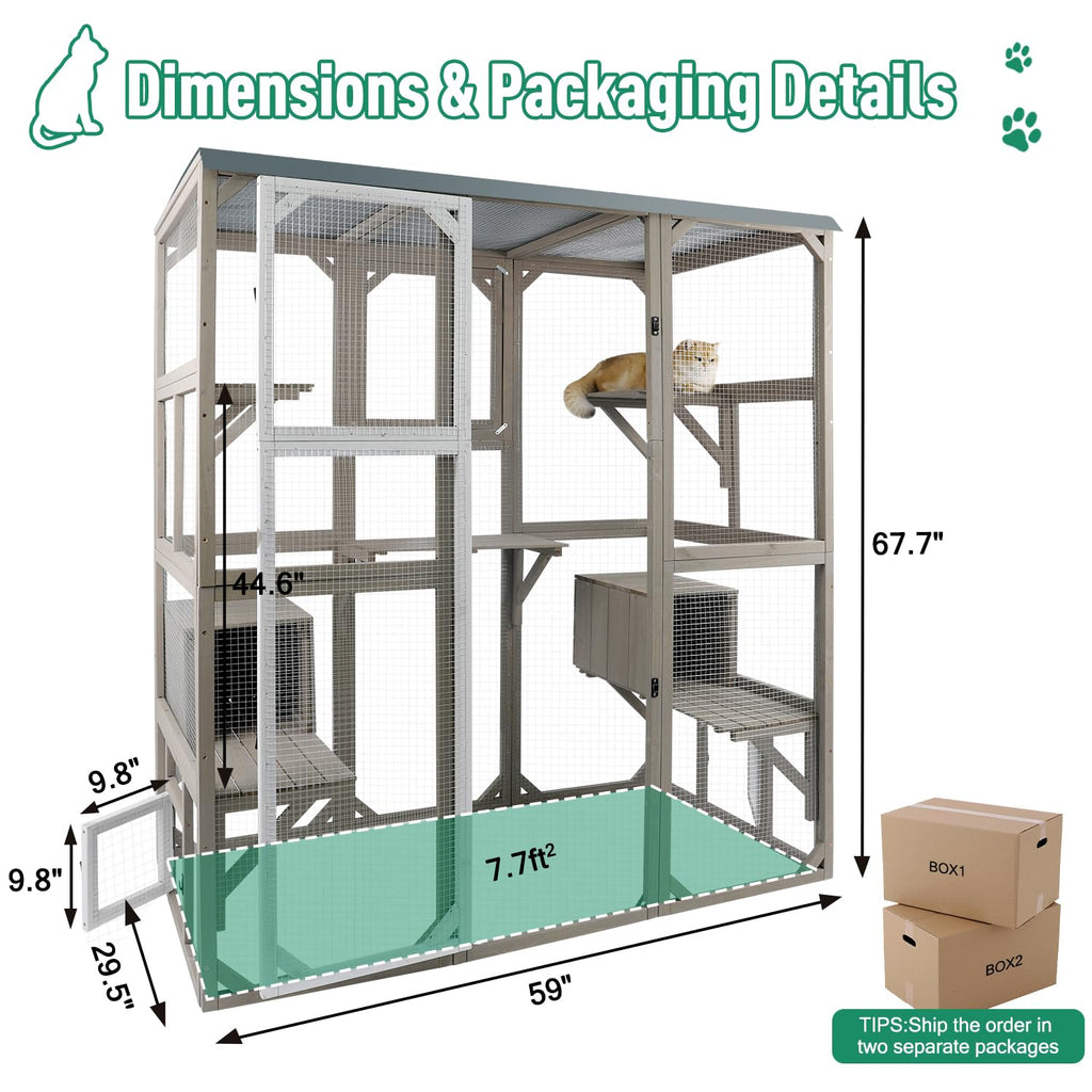 Large Wooden Outdoor Cat Catio Enclosure with 2 Doors, 2 Resting Rooms, 5 Platforms U22433