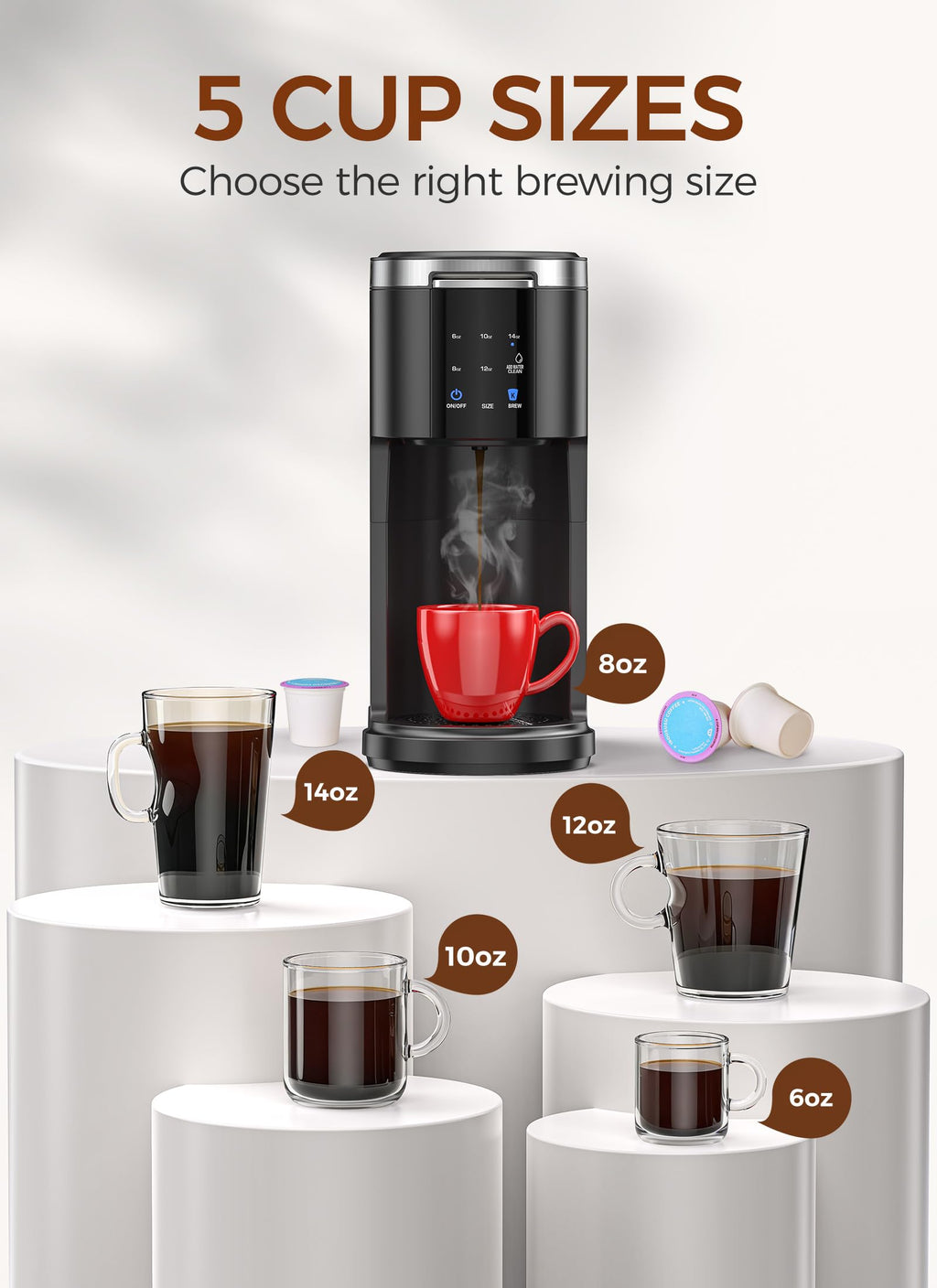Single Serve Coffee Maker with 40 Oz Water Tank, 5 Brew Sizes, Black A14677