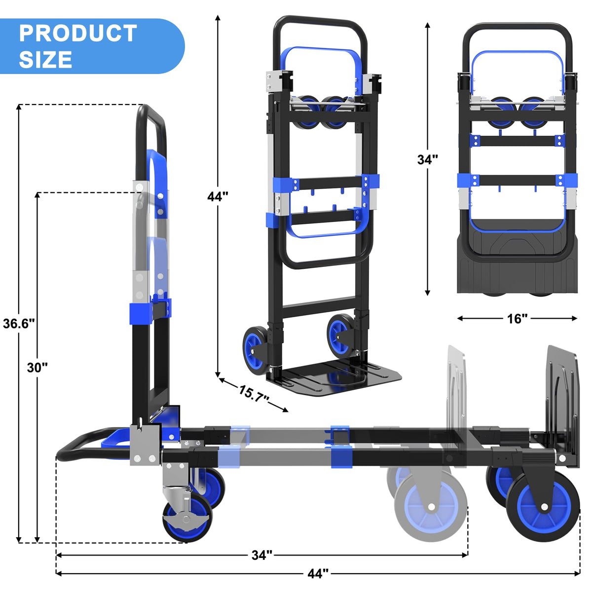 3-in-1 Folding Heavy Duty Hand Truck Dolly Cart Trolley with Wheels (Blue) Z7035