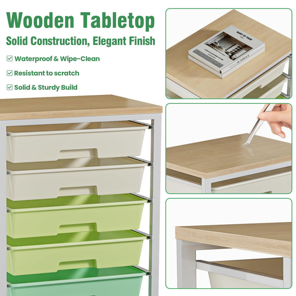 Rolling Storage Cart with 8 Drawers & Wooden Tabletop, Green, White G597257