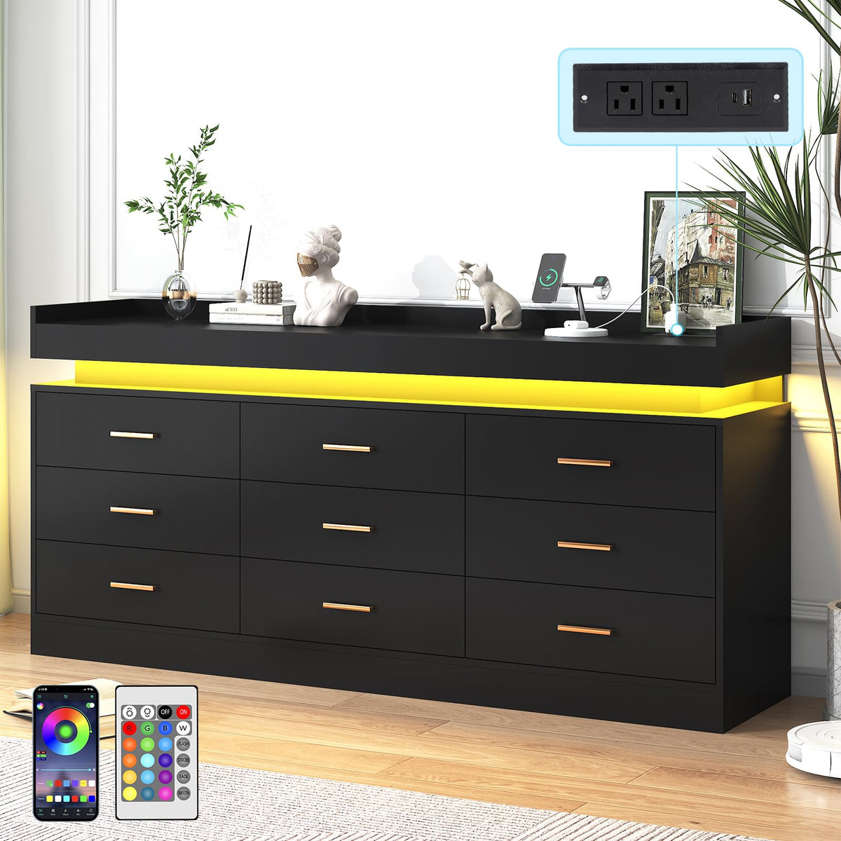 Black 9 Drawer Dresser with Charging Station and LED Lights U57051