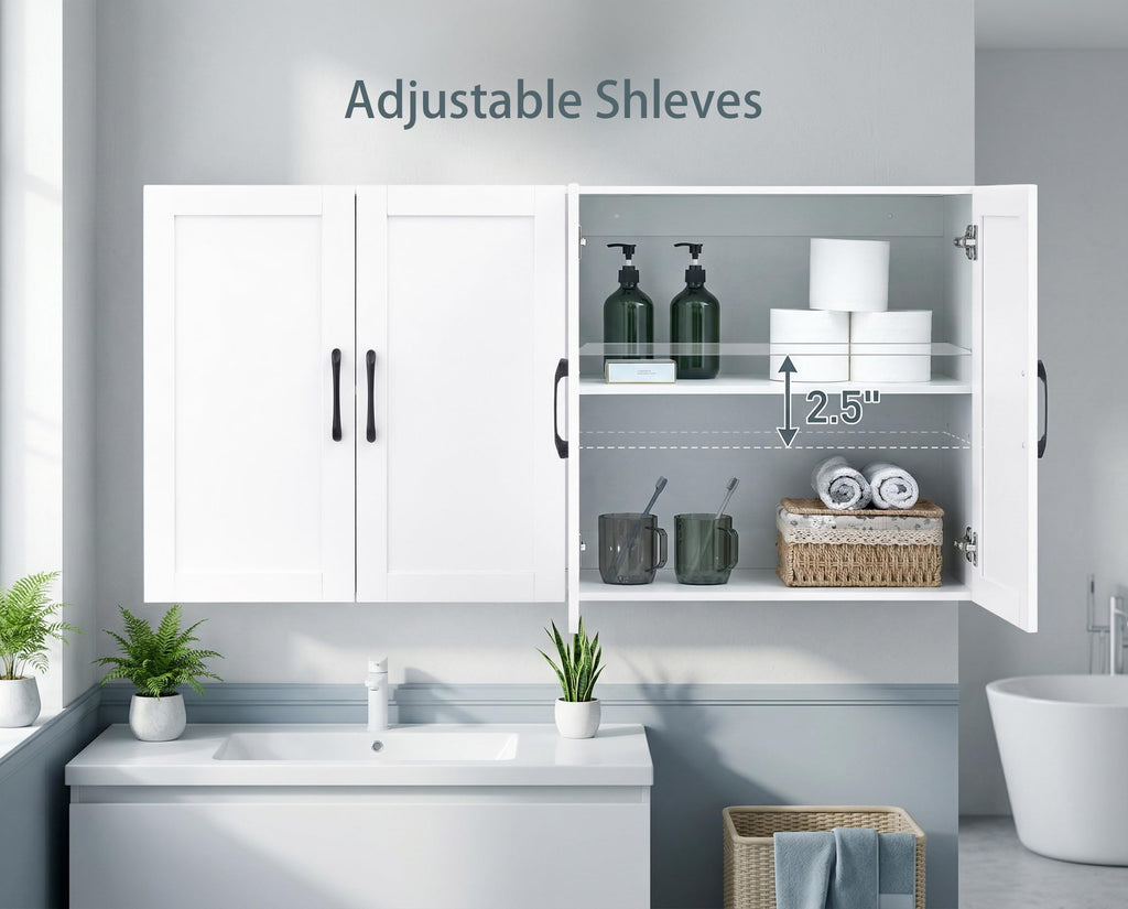 White Wall Cabinet with Adjustable Shelves and 4 Doors U2195