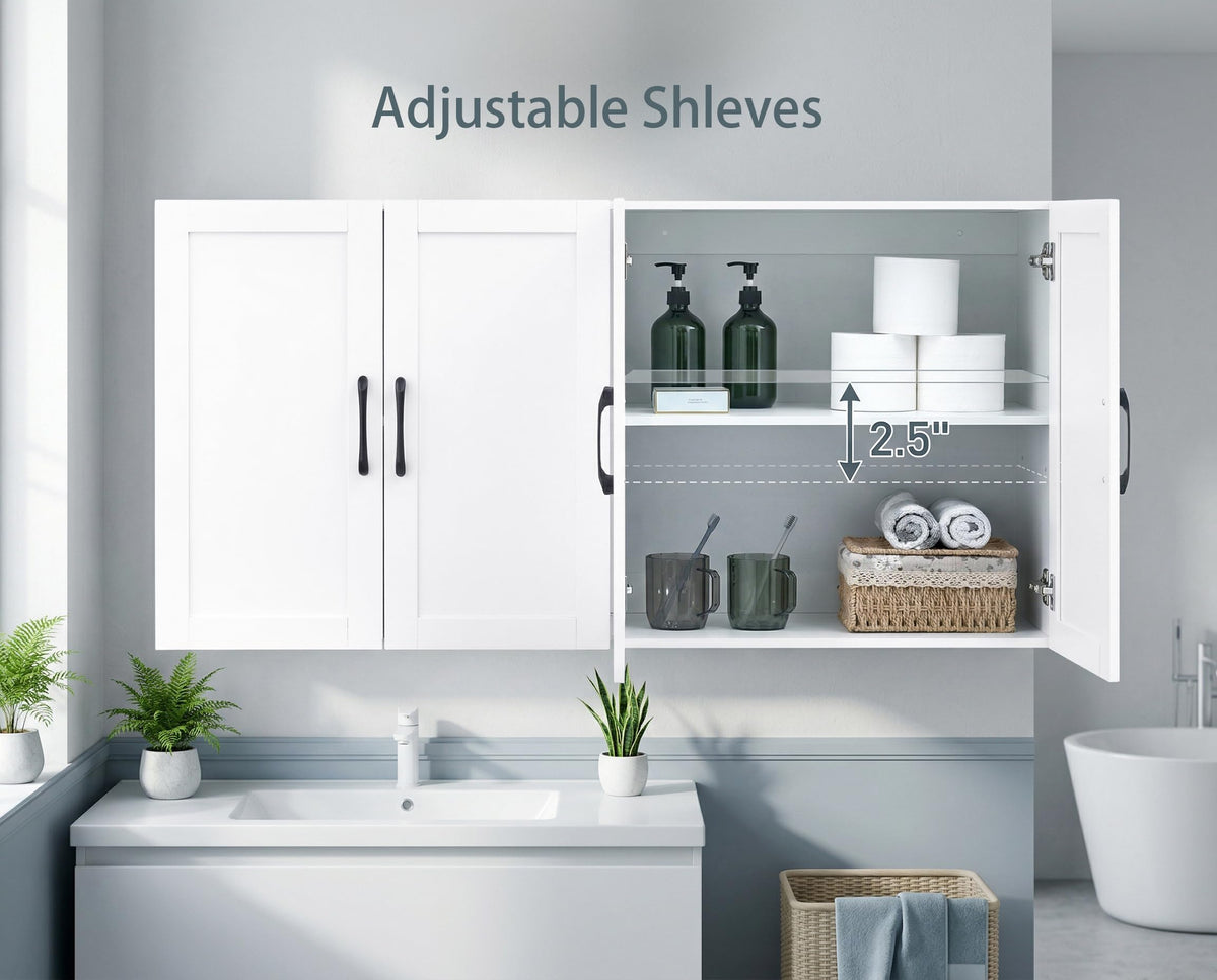 White Wall Cabinet with Adjustable Shelves and 4 Doors U2195