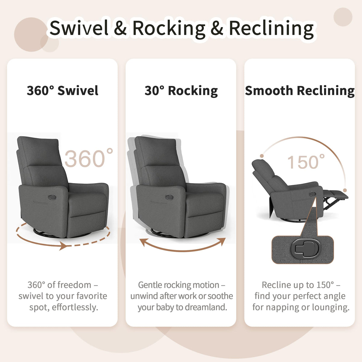 Light Brown Velvet Swivel Rocker Recliner Chair Y695775