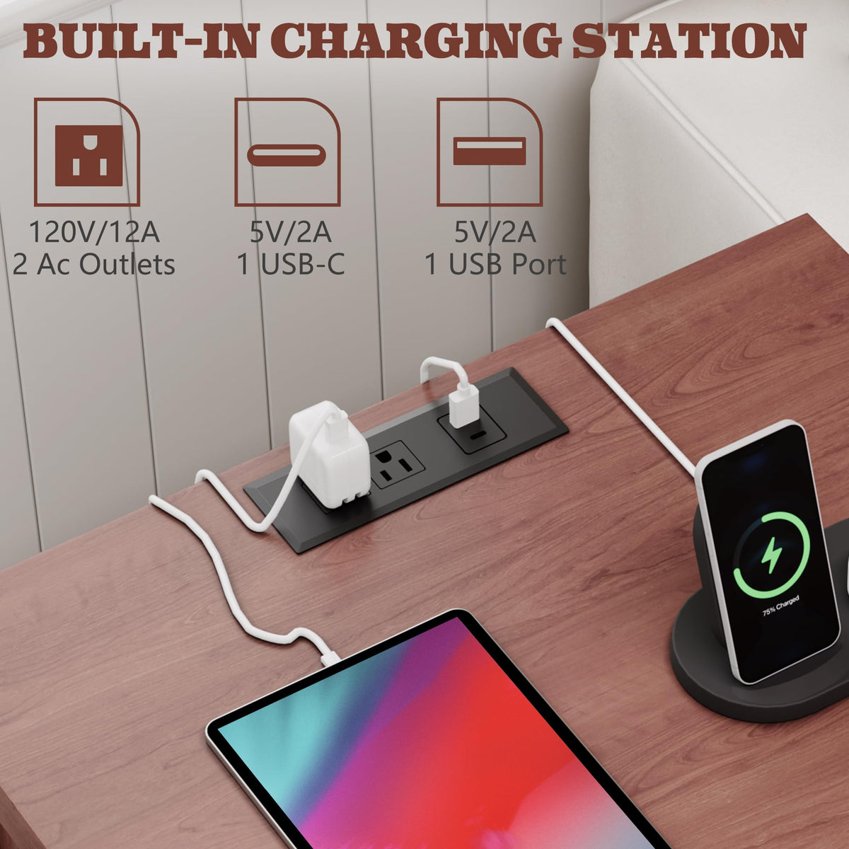 Cherry Brown 3 Drawer Nightstand with Charging Station M77266
