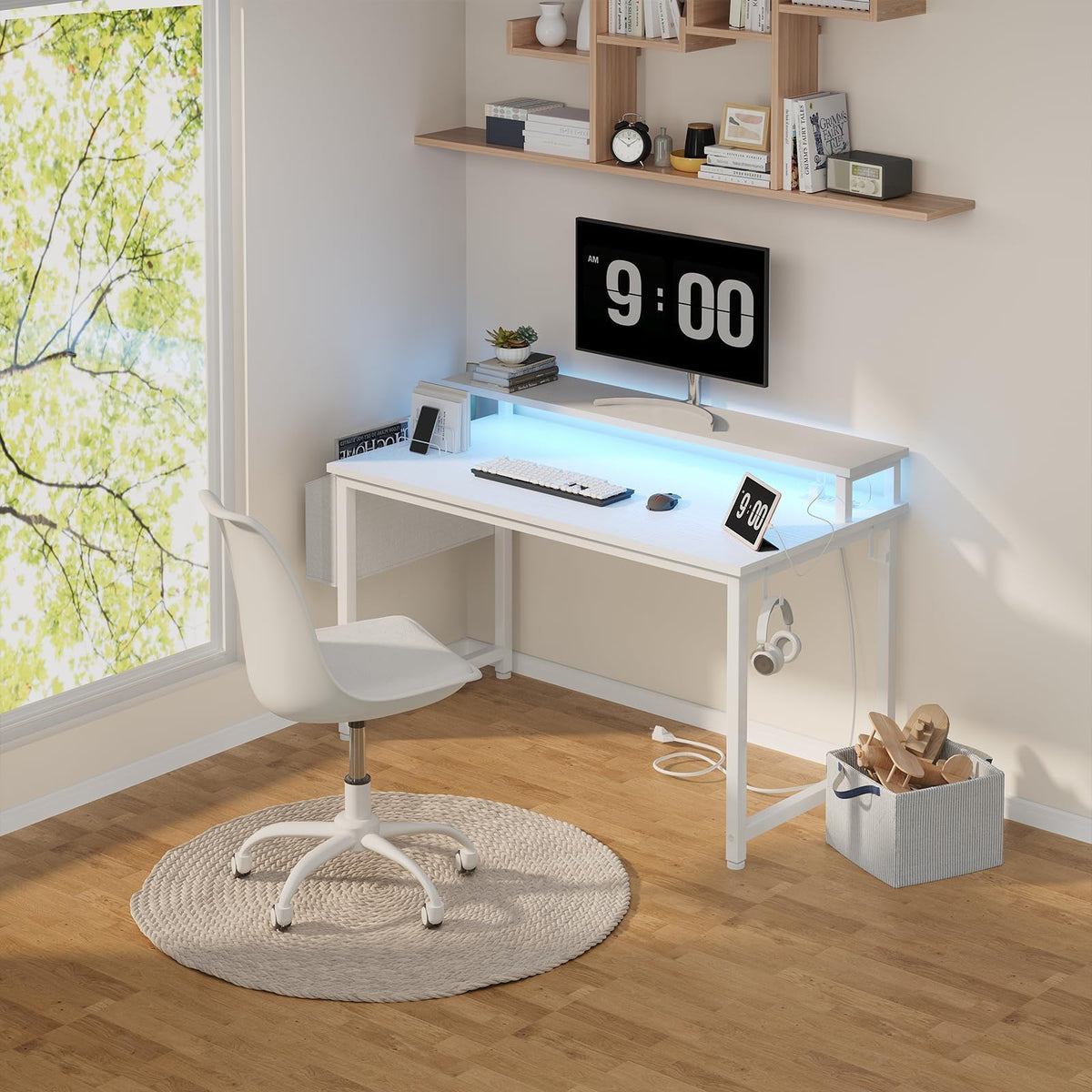 White 40 Inch Computer Desk with LED Lights and Power Outlets O8156