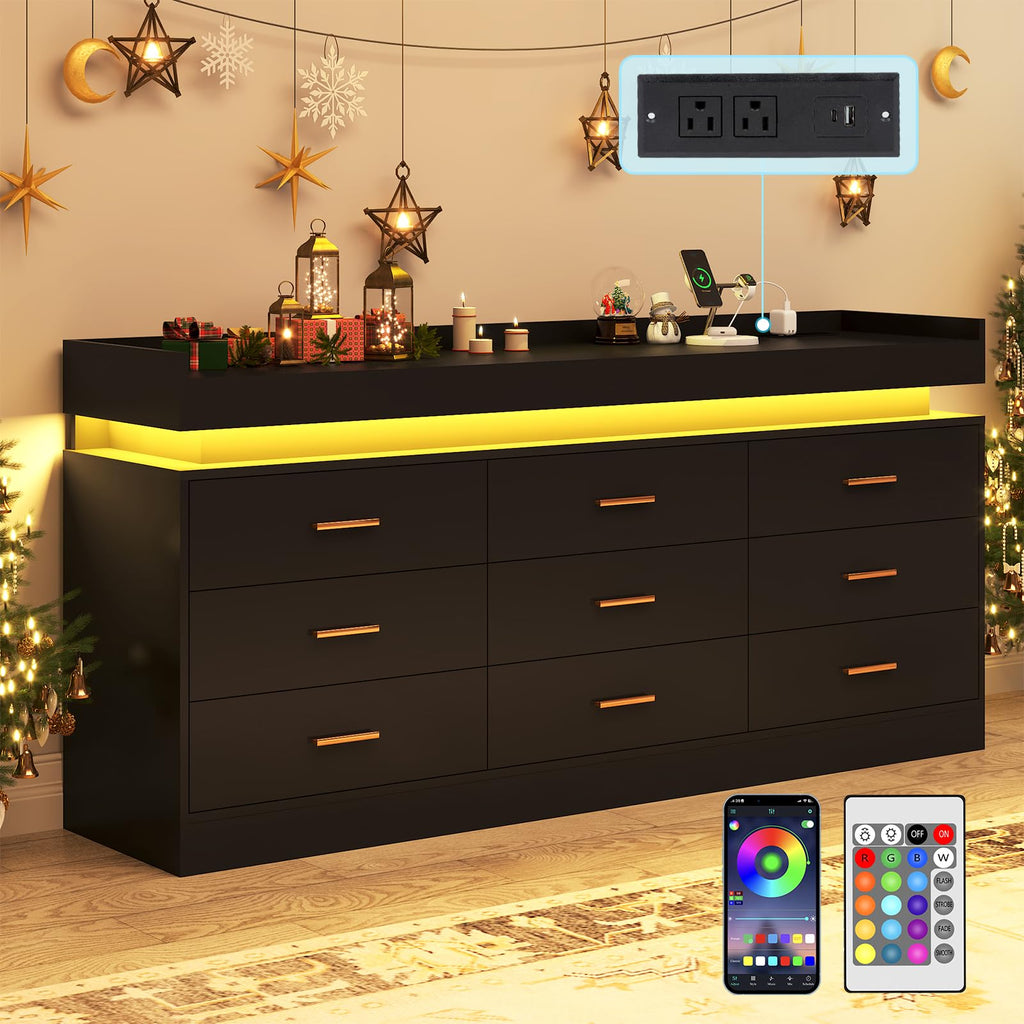 Black 9 Drawer Dresser with Charging Station and LED Lights U57051