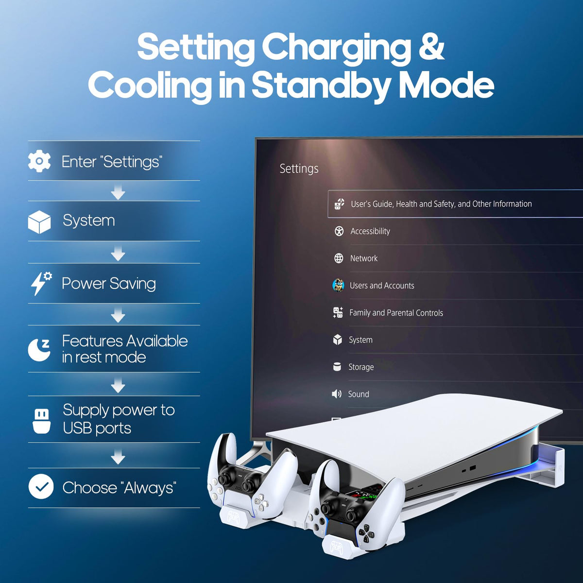PS5 Horizontal Stand and Cooling Station with Controller Charging Station F16350