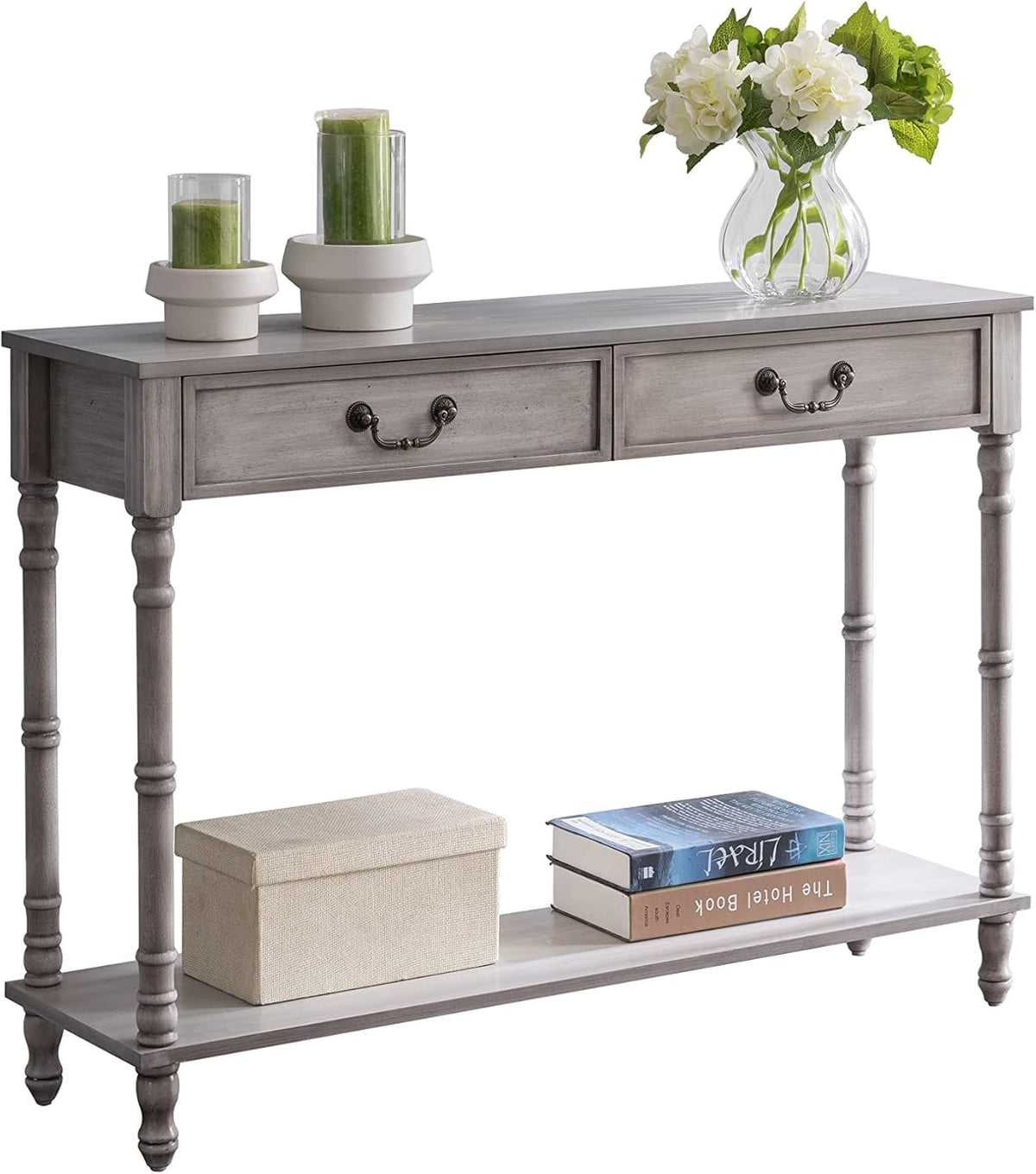Washed Oak Wood Console Table with 2 Drawers P974