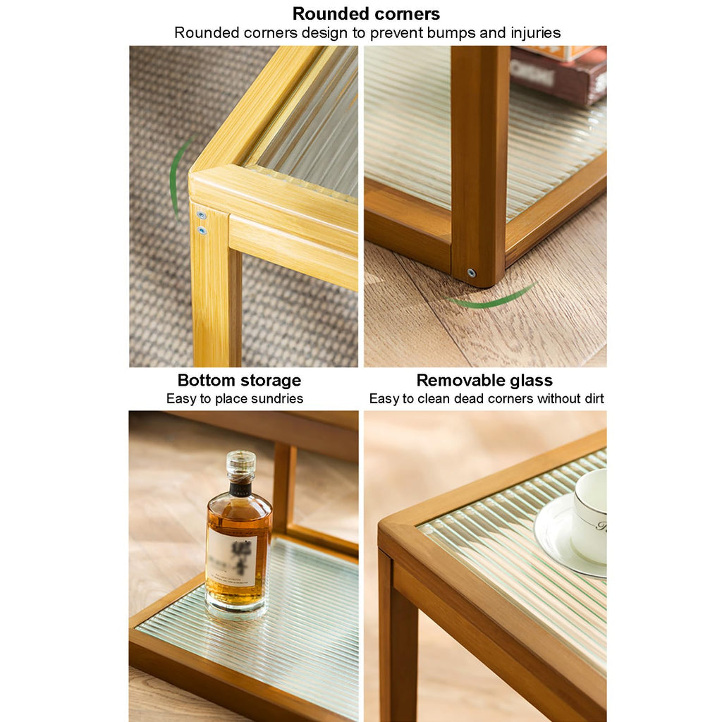 Square Glass Nesting Coffee Tables Set of 2 with Bamboo Frame D529934
