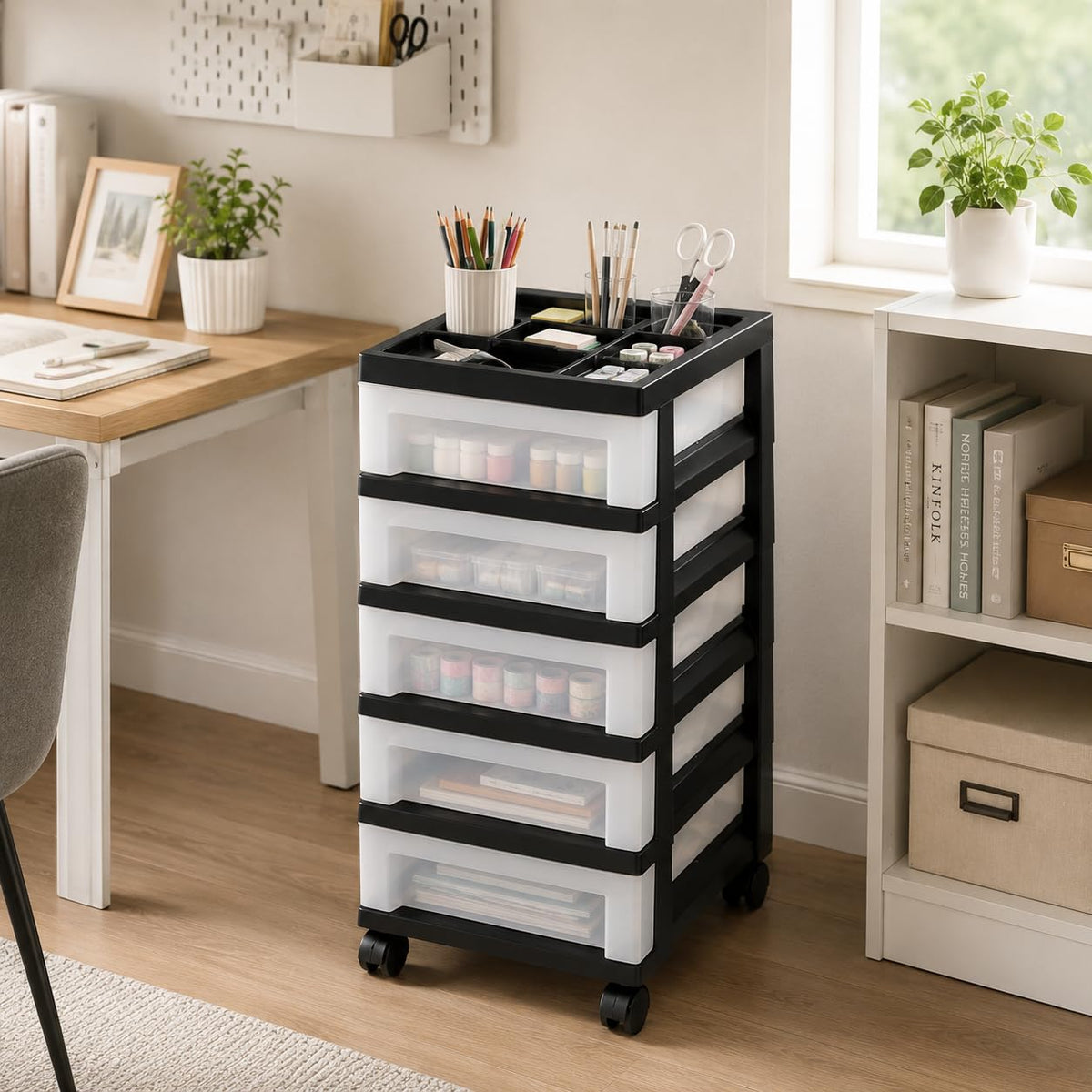 5 Drawer Narrow Storage Cart with Organizer Top N349