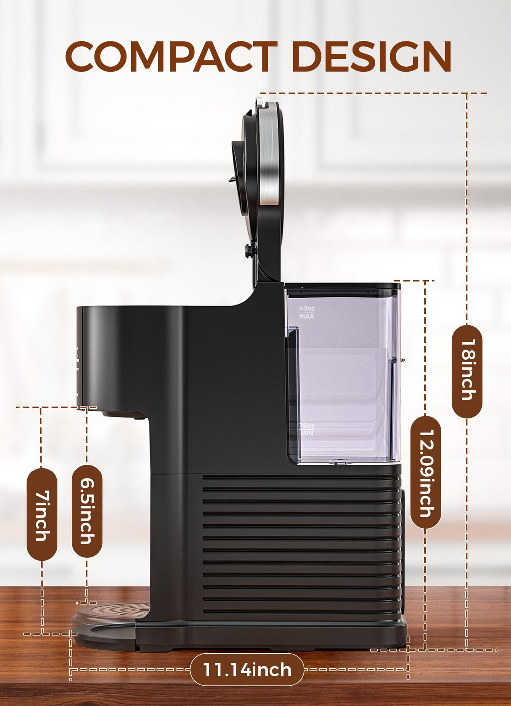 Single Serve Coffee Maker with 40 Oz Water Tank, 5 Brew Sizes, Black A14677