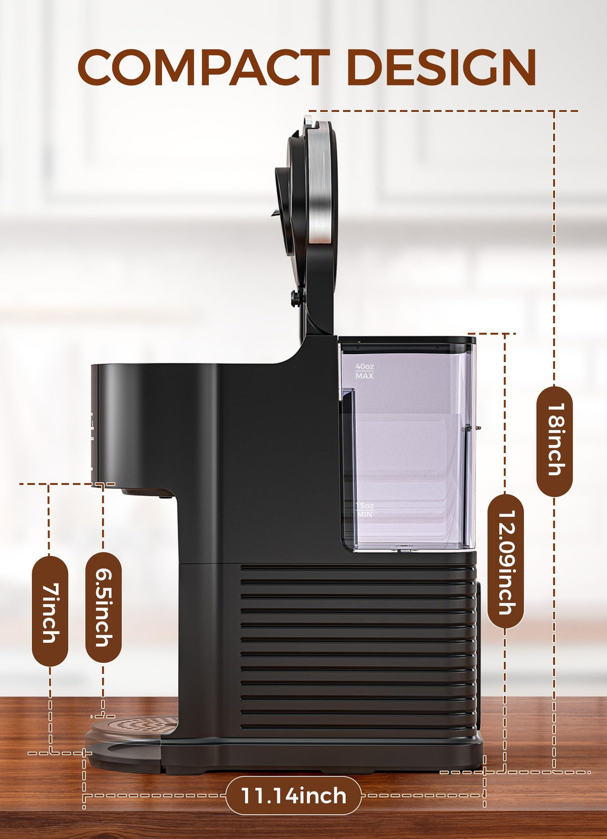 Single Serve Coffee Maker with 40 Oz Water Tank, 5 Brew Sizes, Black A14677