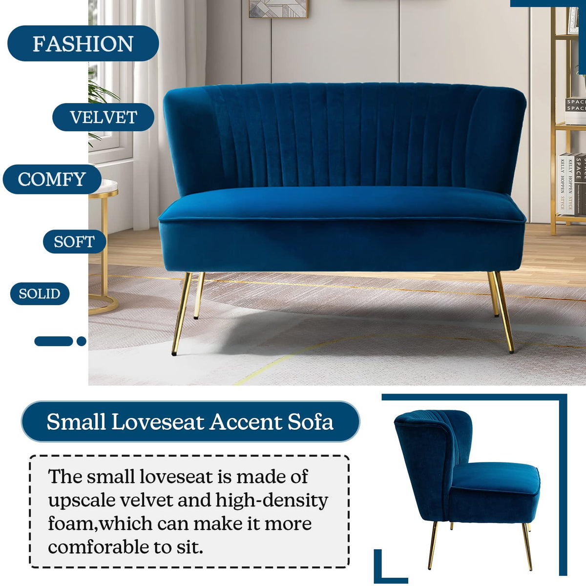 Navy Velvet Tufted Loveseat Sofa T965