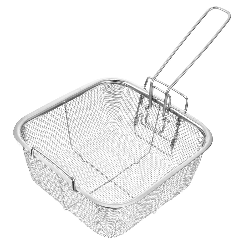 8 Inch Square Stainless Steel Wire Fry Basket with Folding Handle B3362