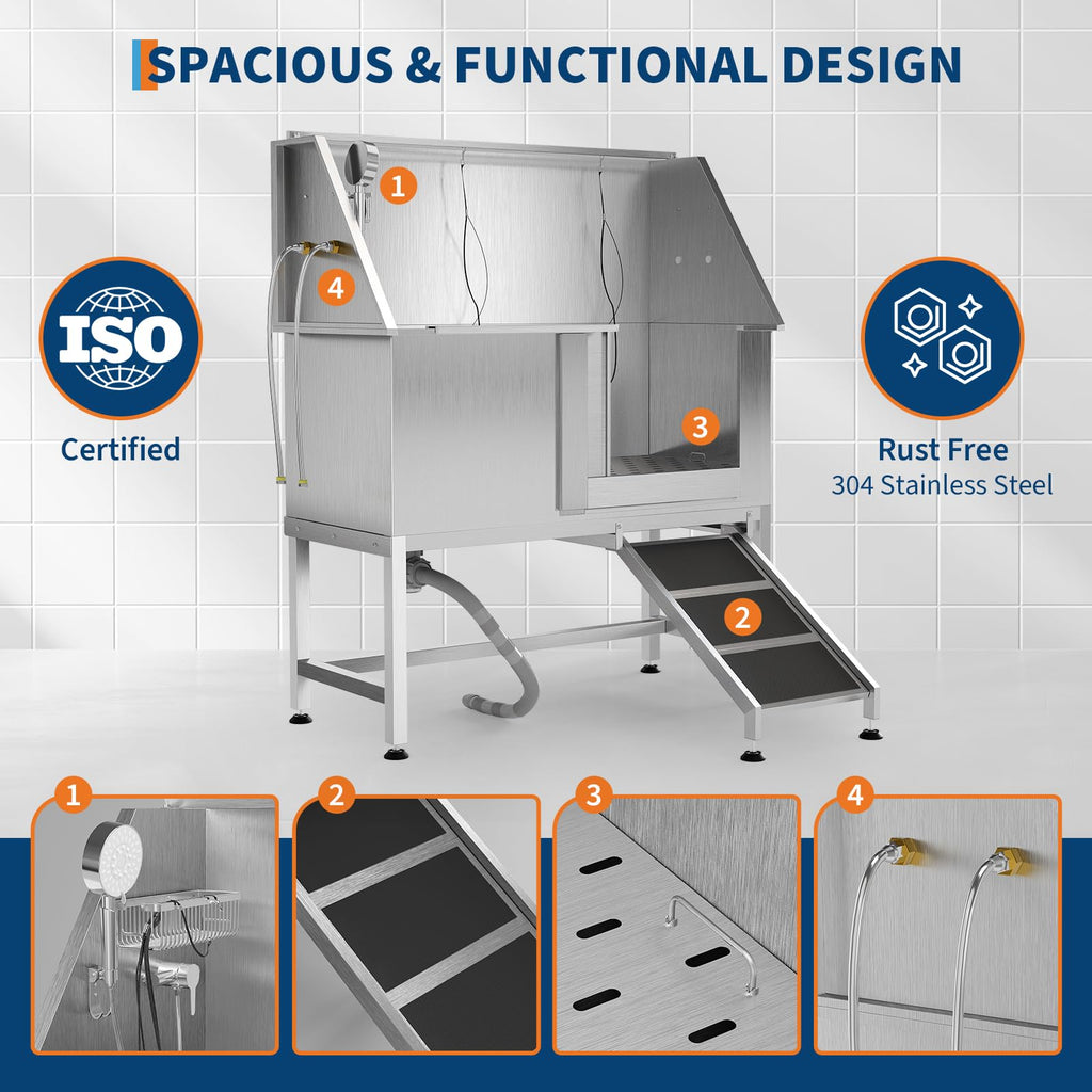 50" Stainless Steel Pet Bathing Tub with Sloped Ramp I354