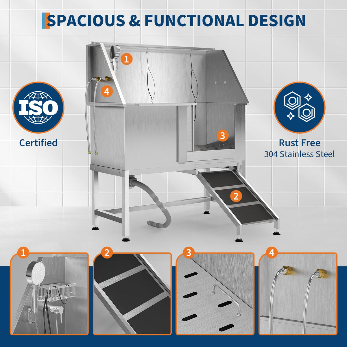 50" Stainless Steel Pet Bathing Tub with Sloped Ramp I354