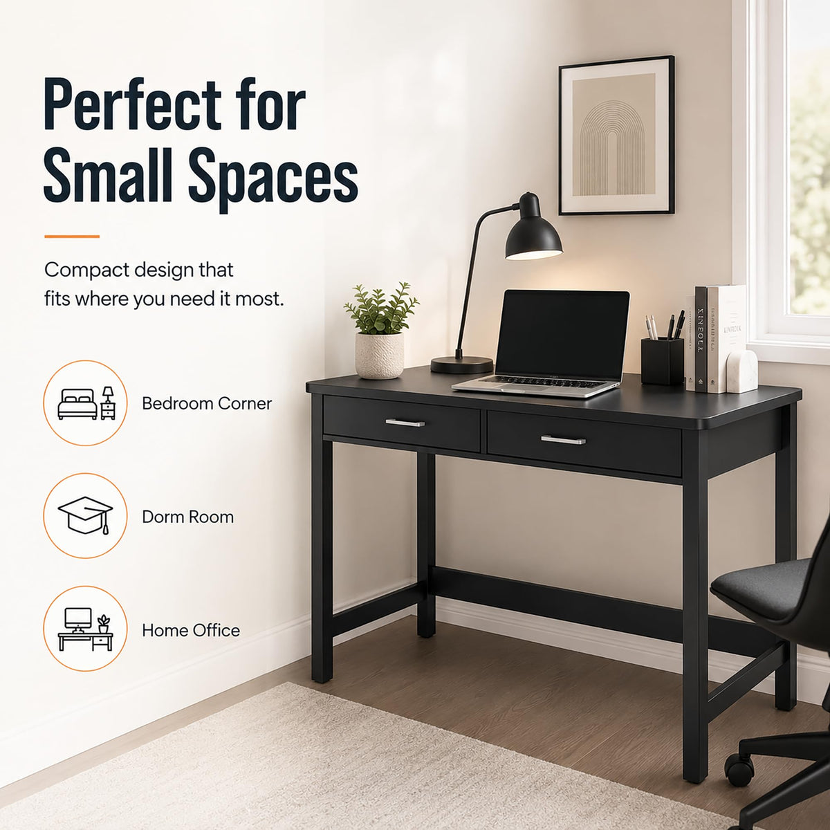 39.4" Small Desk with Wood Drawers Black E78325