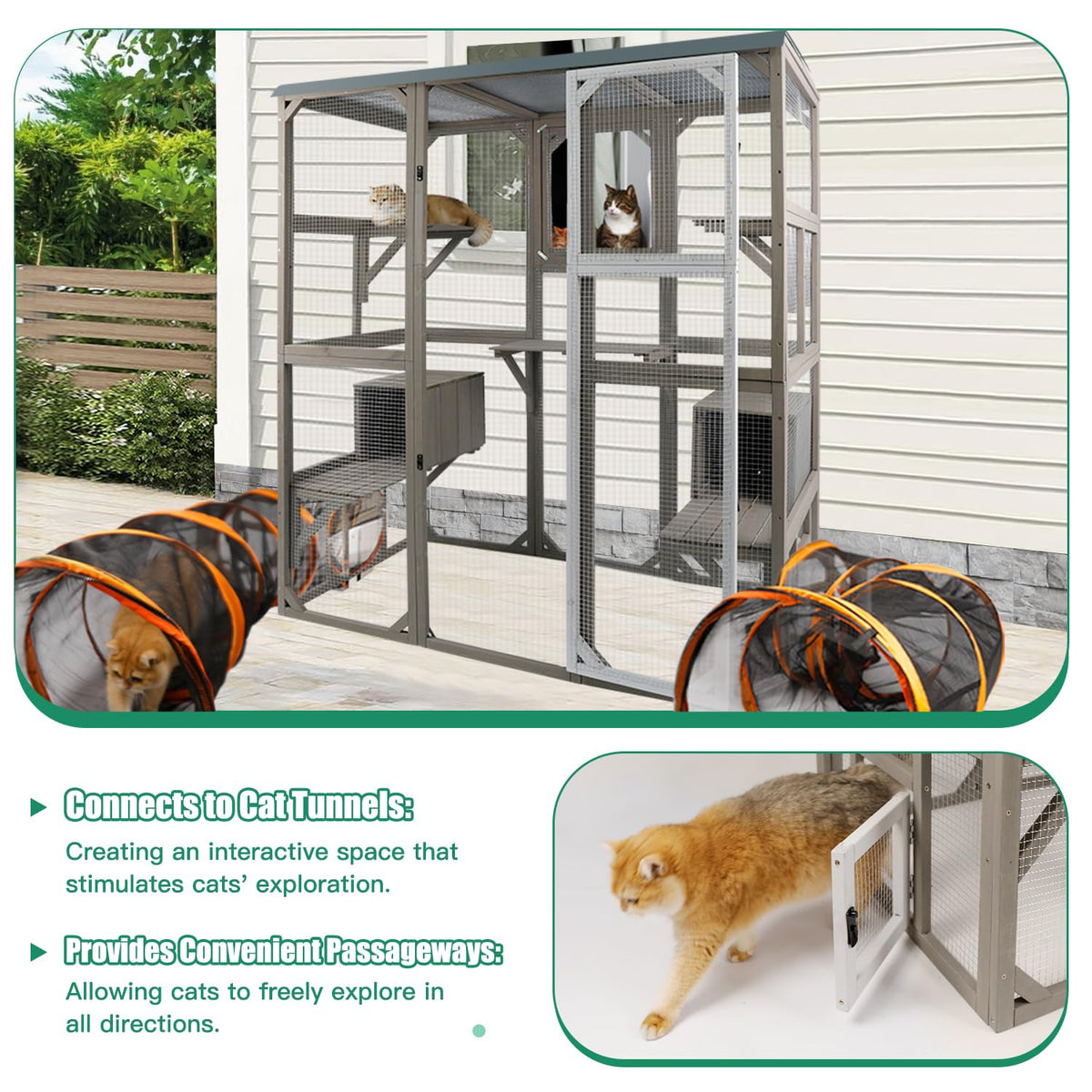 Large Wooden Outdoor Cat Catio Enclosure with 2 Doors, 2 Resting Rooms, 5 Platforms U22433