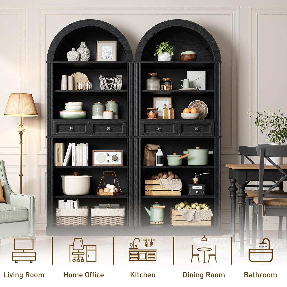 73" Tall Black 6-Tier Wood Bookshelf with Drawer P96476