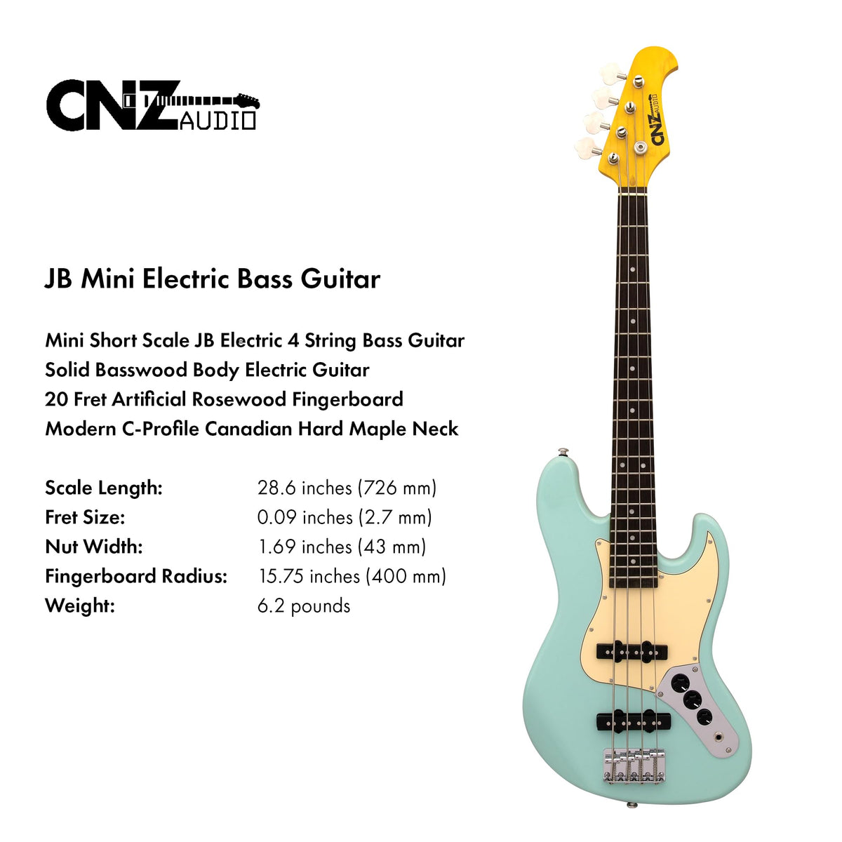 Black Mini Electric Bass Guitar with Maple Neck, Rosewood Fingerboard & White Pickguard T9635