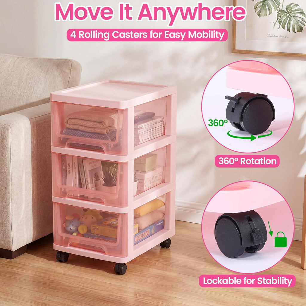 Pink 3-tier Plastic Storage Cart with Wheels J439